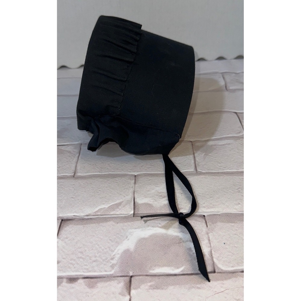 Black Fabric Prayer Bonnet Costume Hat Ribbon‎ Tie Historical Baby or Doll Sized